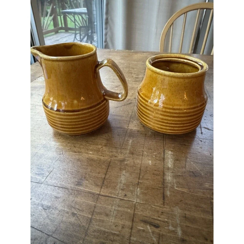Homer Laughlin Co. Brown/Mustard Glazed Pottery Creamer And Sugar Set  No Lid